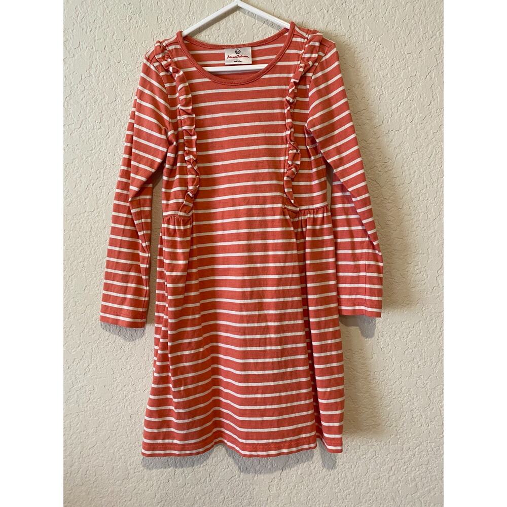 Hanna Andersson Pink White Striped Dress Size 120 6-7 100% Cotton Beach Ruffles